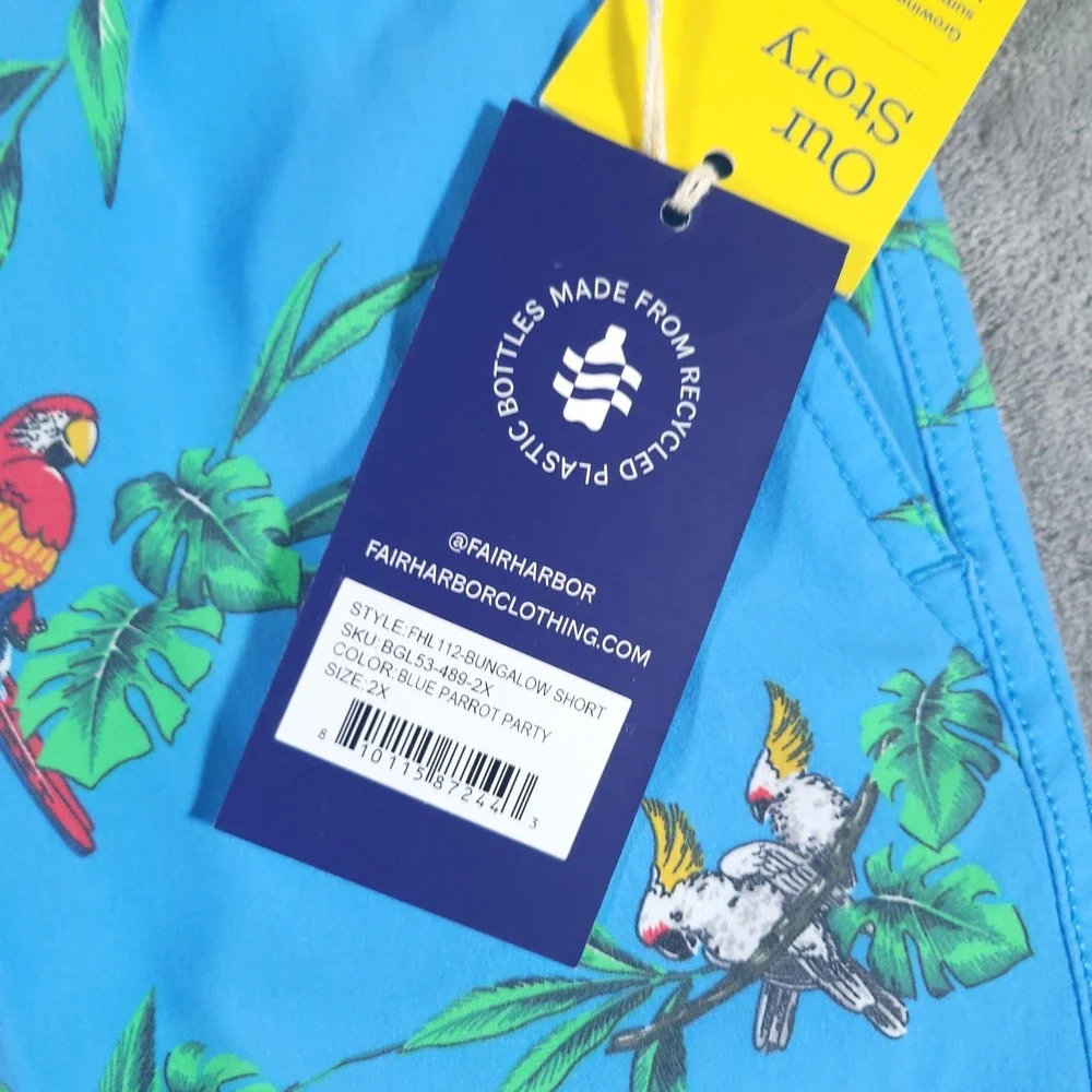 NEW Fair‎ Harbor Bungalow Short Mens 2X Blue Parrot Party Tropical Swim Trunks